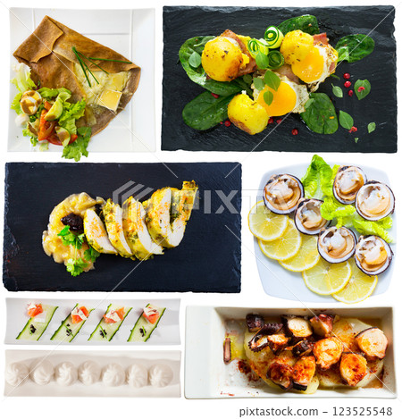 Collection of dishes on square plates Collection of dishes on square plates 123525548