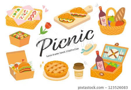 野餐午餐和食物的手繪插圖 123526083