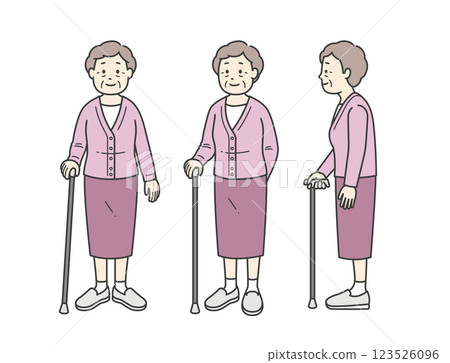 Full body illustration of a late elderly woman using a cane 123526096