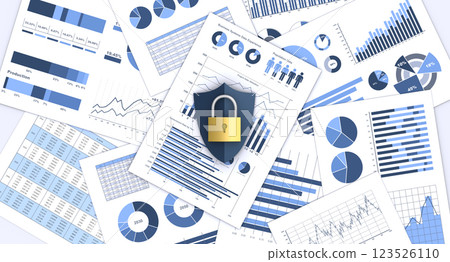 Confidential information print and shield and padlock, business information security image Confidential information print and shield and padlock, business information security image 123526110