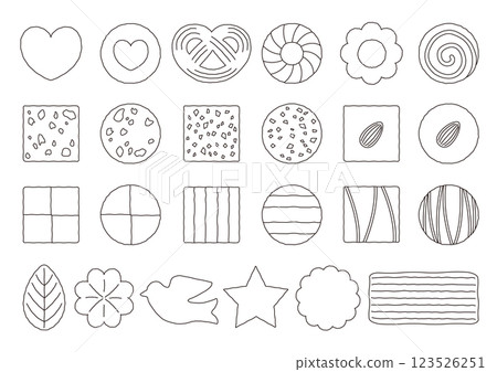 從上方看的心形和淺灘等餅乾的一組插圖_線條畫 123526251