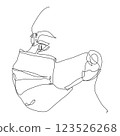 One continuous line drawing medical woman face mask. Concept of corona virus and PM2.5 dust. Illustration of a hand holding a pen in a sketch or vector style 123526268