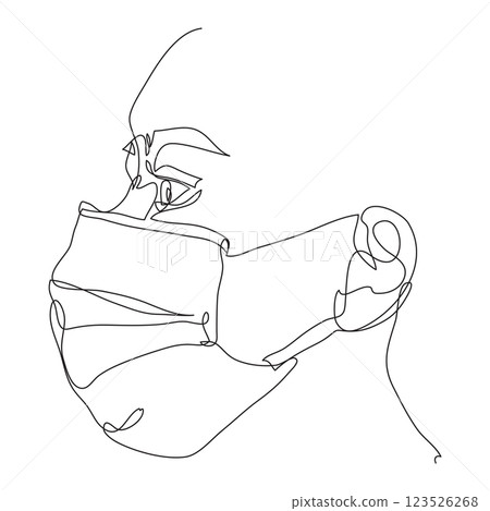 One continuous line drawing medical woman face mask. Concept of corona virus and PM2.5 dust. Illustration of a hand holding a pen in a sketch or vector style One continuous line drawing medical woman face mask. Concept of corona virus and PM2.5 dust. Illustration of a hand holding a pen in a sketch or vector style 123526268