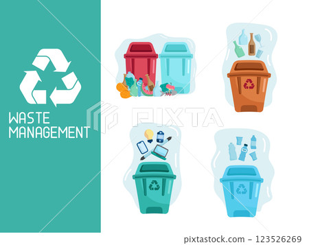waste management, recycle garbage system, eco friendly element set vector illustration 123526269