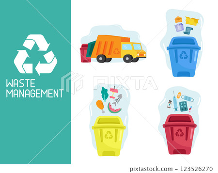 waste management, recycle garbage system, eco friendly element set vector illustration waste management, recycle garbage system, eco friendly element set vector illustration 123526270