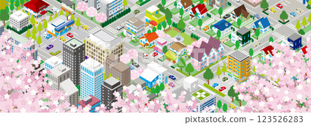 Illustration of a spring cityscape with cherry blossoms in bloom. Isometric illustration. 123526283