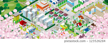 Illustration of a spring cityscape with cherry blossoms in bloom. Isometric illustration. 123526284
