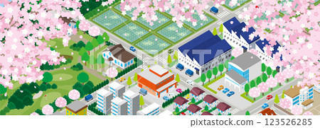 春季城市景觀插圖,櫻花盛開。 春季城市景觀插圖,櫻花盛開。 123526285