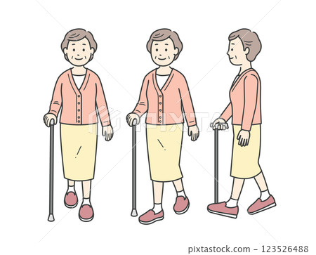 Full body illustration of an elderly woman walking with a cane 123526488