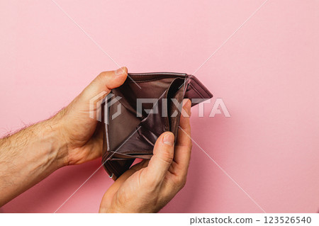 Businessman with empty wallet reflects financial despair and crisis Businessman with empty wallet reflects financial despair and crisis 123526540
