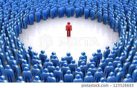 A crowd of humanoid icons, one red icon surrounded by a blue crowd 123526683