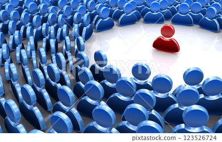 A crowd of humanoid icons, one red icon surrounded by a blue crowd 123526724
