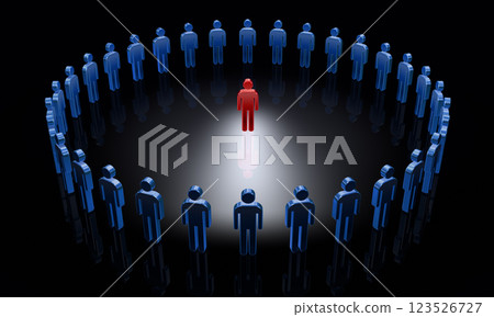 A scene of a circle of human icons, with one red icon surrounded by a blue crowd 123526727