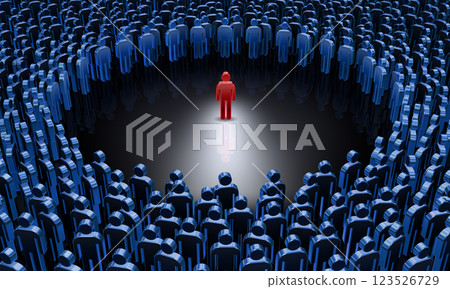 A scene of a circle of human icons, with one red icon surrounded by a blue crowd 123526729