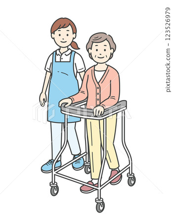 Full-body illustration of a young woman assisting an elderly woman with a walker 123526979