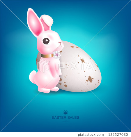 Easter blue design with white egg and cute pink bunny,isolated design component 123527080