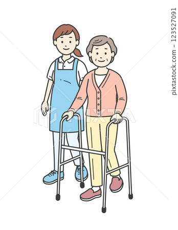 Full-body illustration of a young woman assisting an elderly woman with a walker 123527091