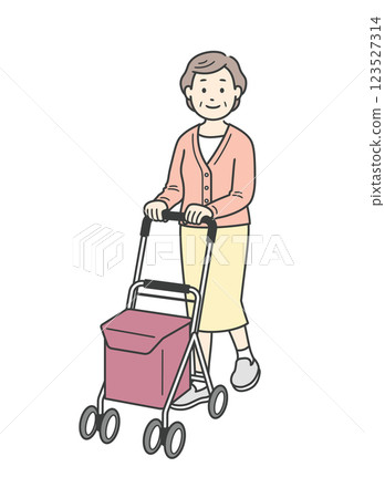 一位老年婦女推著一輛銀色手推車行走的插圖 123527314