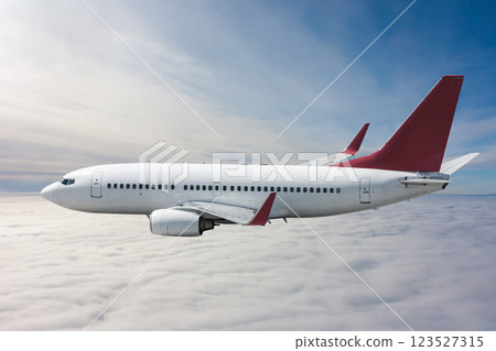 Passenger airliner flies in the air above the clouds 123527315