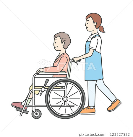 圖:一位坐在輪椅上的老年婦女和一位提供協助的護理人員 圖:一位坐在輪椅上的老年婦女和一位提供協助的護理人員 123527522