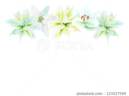 White lily flower garland watercolor illustration isolated on white. High quality clip art perfect for cards, posters, stickers, Easter, Passover, Holy Thursday, christening baptism wedding church 123527599