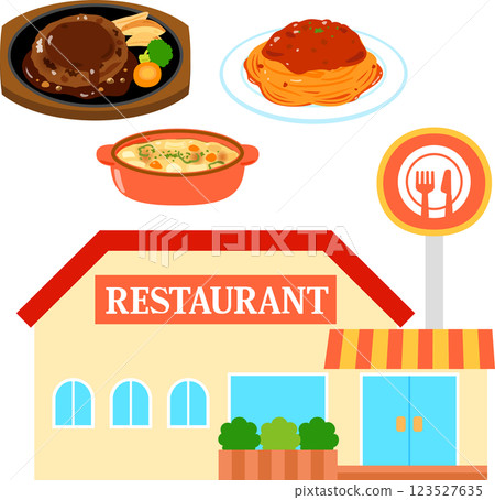 A deformed illustration of a family restaurant building 123527635