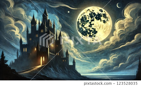 神秘的哥德式城堡被詭異的滿月照亮 123528035