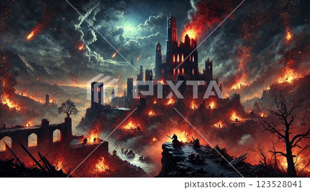 A dark castle engulfed in flames and collapsing, and apocalyptic battlefields 123528041