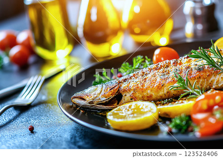 Mediterranean grilled fish, olive oil and herbs, heart healthy cuisine on rustic plating 123528406