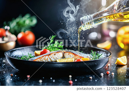 Heart healthy Mediterranean grilled fish with olive oil and herbs, served in a rustic style 123528407