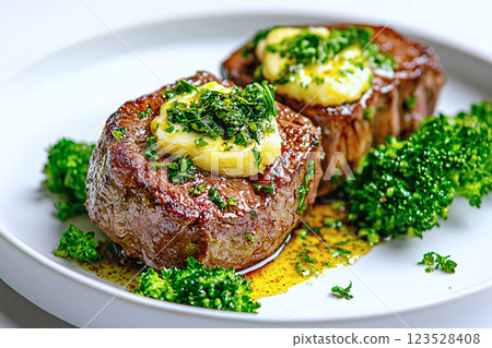 Keto friendly beef steak with buttered greens, elegantly presented in a low carb style 123528408
