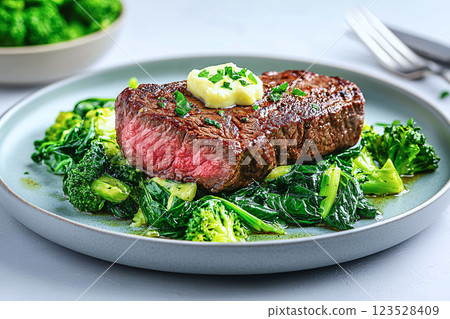 Elegant keto friendly beef steak with buttered greens, low carb presentation and modern styling 123528409
