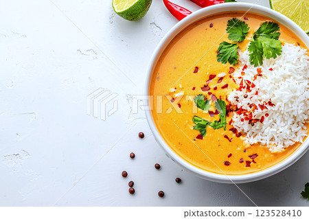 Vibrant vegan lentil curry with basmati rice, a rich and nutritious plant based dish 123528410