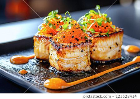 Fusion cuisine combining Asian and European influences, elegantly plated with creative flair Fusion cuisine combining Asian and European influences, elegantly plated with creative flair 123528414