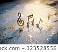 Generative AI, gold notes on stone_Golden musical note_treble clef_illustration 123528556