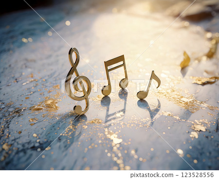 Generative AI, gold notes on stone_Golden musical note_treble clef_illustration 123528556