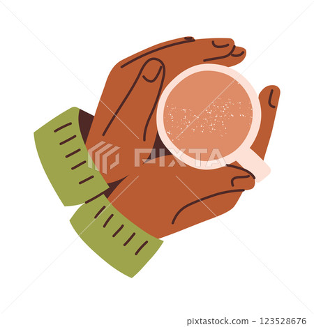 Vector illustration of hands holding coffee cup. Cozy simple composition with warm colors and dark skin tone. Relaxation, comfort, hot drinks and beverages, latte, cappuccino or hot chocolate doodle 123528676