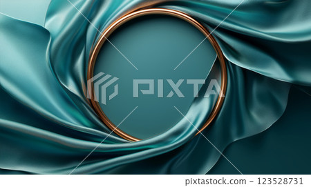 flowing stream of iridescent satin, weaving around a bronze circle, on a muted teal background flowing stream of iridescent satin, weaving around a bronze circle, on a muted teal background 123528731