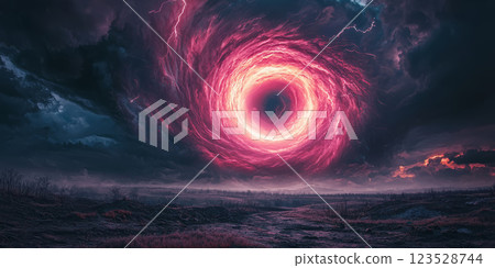 glowing magenta spiral, hovering above a windswept savanna with distant thunderstorms and lightning 123528744
