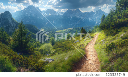 mountain trail with the scent of pine trees and breathtaking natural landscapes 123528749