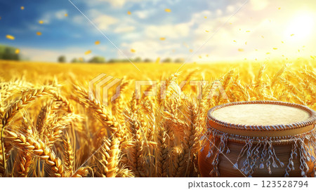 Baisakhi celebration background with golden wheat fields, Punjabi dhol, and bright sunshine 123528794