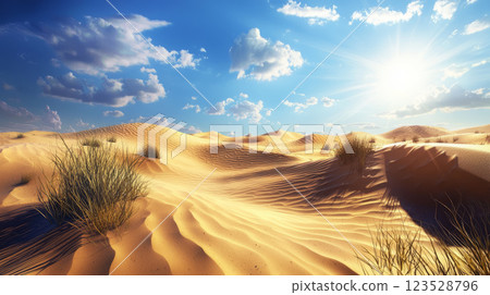 Cartoon desert landscape with golden sand dunes, mystical plants, and magical sky 123528796