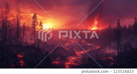Destroyed landscape covered in ash and lava flow, remnants of trees and buildings in the foreground 123528823