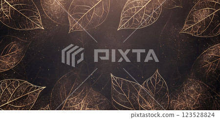 Delicate minimalist leaf veins pattern in gold on a dark matte background 123528824