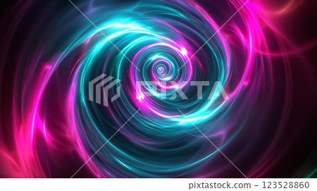 Futuristic tunnel of light with merging neon beams in pink, teal, and violet, creating a fusion vortex effect 123528860