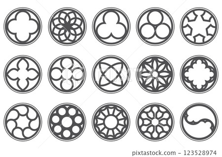 Gothic circle rose window with medieval ornament. Cathedral rosette on white background. Christian architecture elements with stained glass. Radial vector frame. 123528974