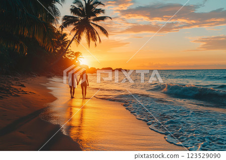Couple walking on the beach at sunset 123529090