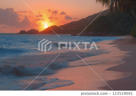 Tropical beach and beautiful sunset 123529091