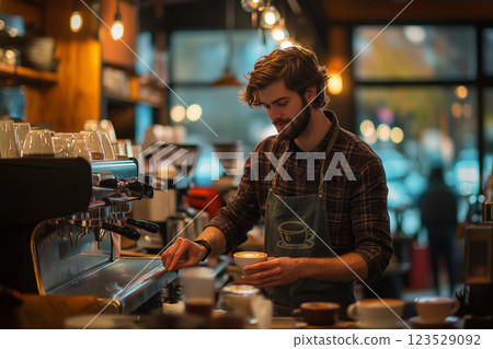 Barista brewing coffee at a cafe 123529092