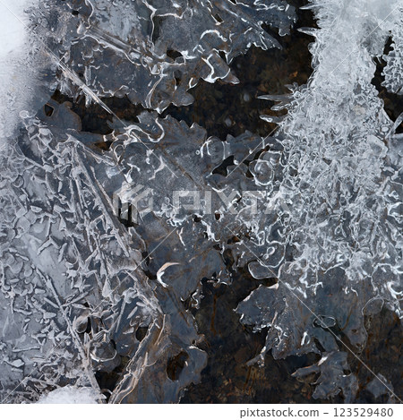 Frozen stream and ice closeup photo. Beautiful winter abstract background in nature. Concept for water and winter time. 123529480